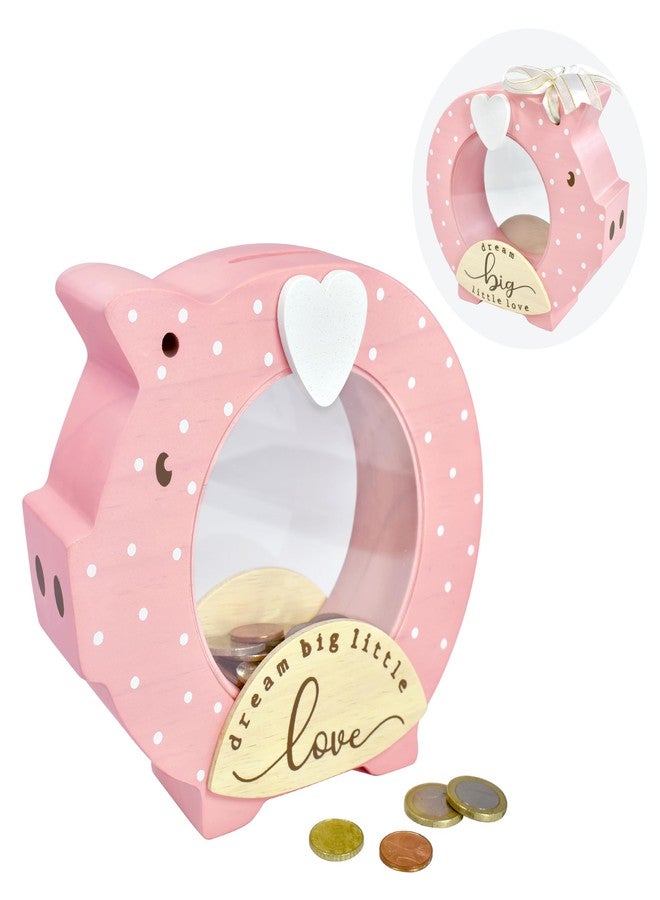 I'm I’m Solid Wood Piggy Bank Coin Bank Savings Money Bank, Adorable Gifts for Baby Girl Birthday Girls Kids Child to Cherish Baby Shower, Keepsakes & Nursery Décor “Dream Big Little Love” (Dot Pink) - Image 1